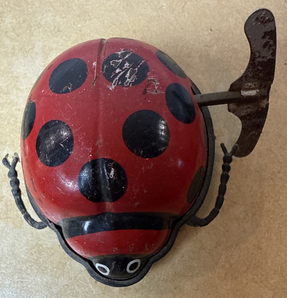 Vintage Hong Kong Tin Wind Up Ladybug Lady Beetle Toy Works Red Black Bug